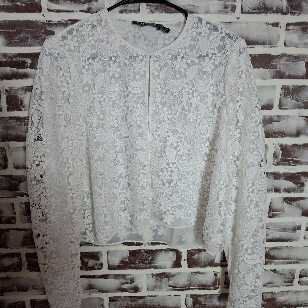 Lauren Ralph Lauren Size 12 White Lace Open Front Cropped Top Blouse
